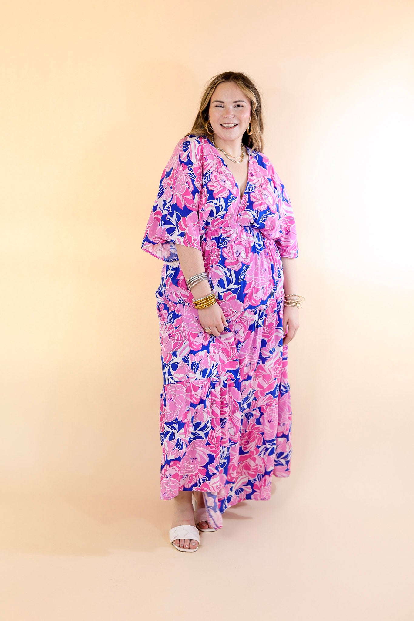 Waving Hello Floral Maxi Dress with V Neckline in Blue and Pink