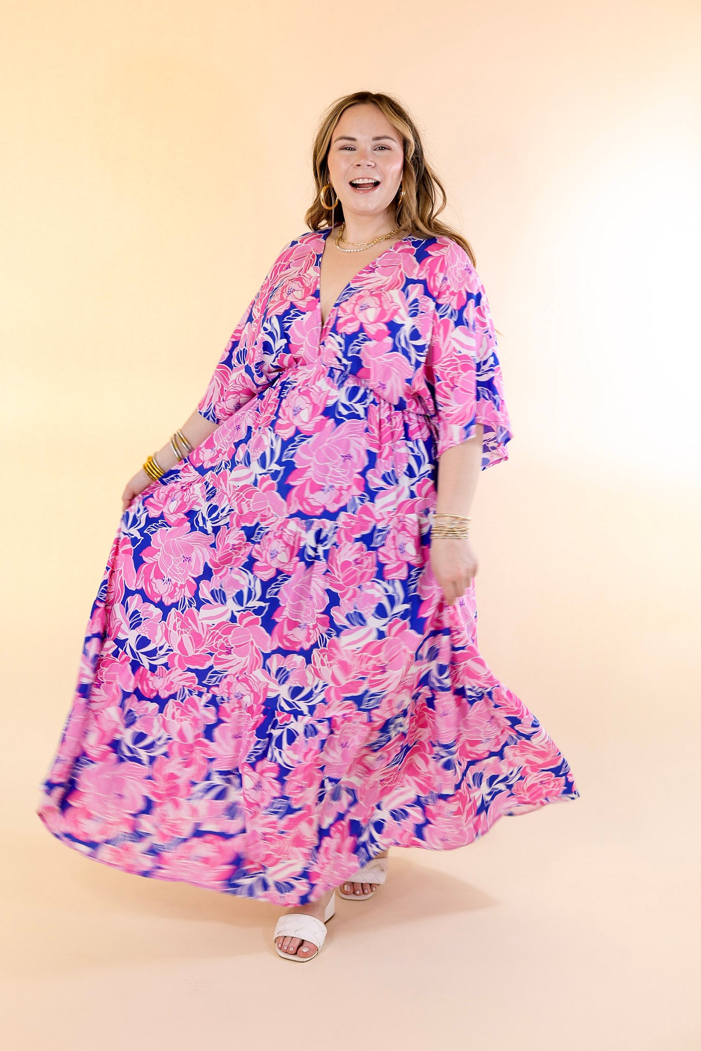 Waving Hello Floral Maxi Dress with V Neckline in Blue and Pink