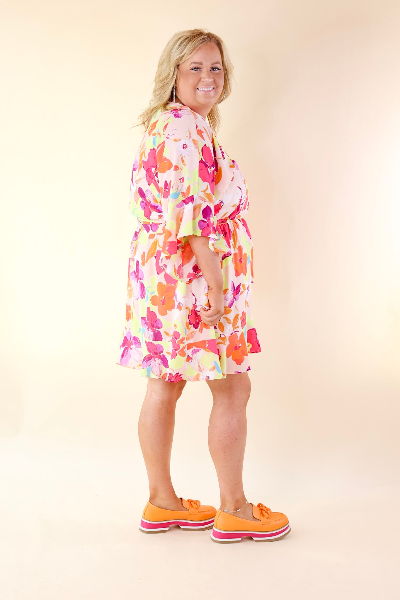 Super Chic Floral Ruffle Sleeve V Neck Dress with Waist Tie in Blush Pink - Giddy Up Glamour Boutique