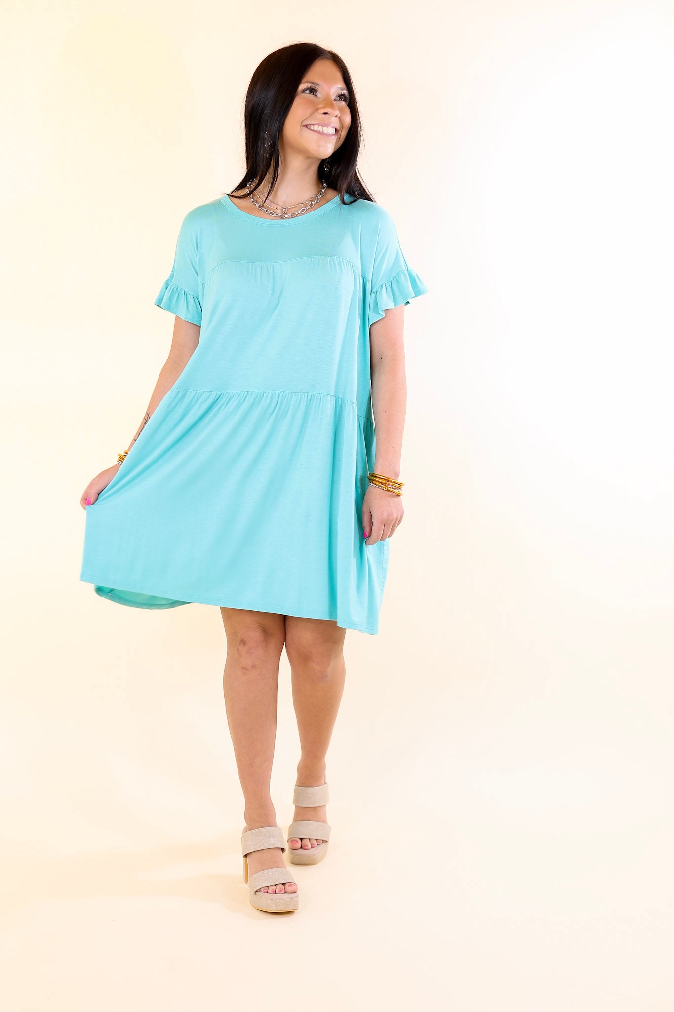 Gorgeous Girly Ruffle Sleeve Tiered Dress in Light Blue