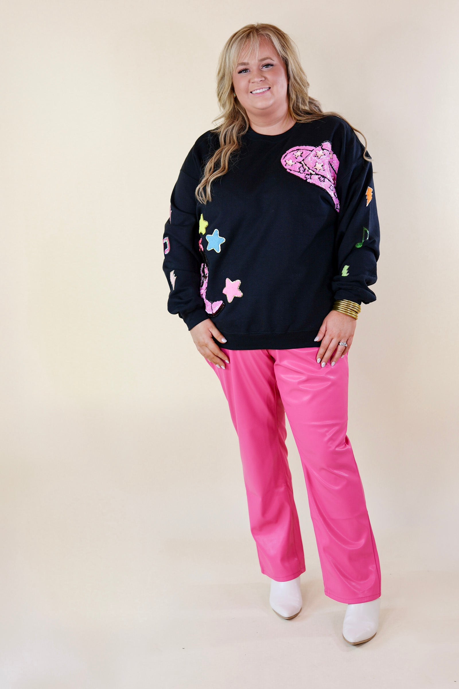 Nashville Lights Chenille and Sequin Patch Graphic Sweatshirt in Black - Giddy Up Glamour Boutique