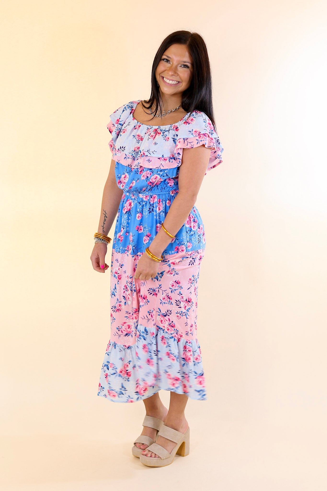 Tides In Tulum Floral Midi Dress with Ruffle Sleeves in Pink and Blue