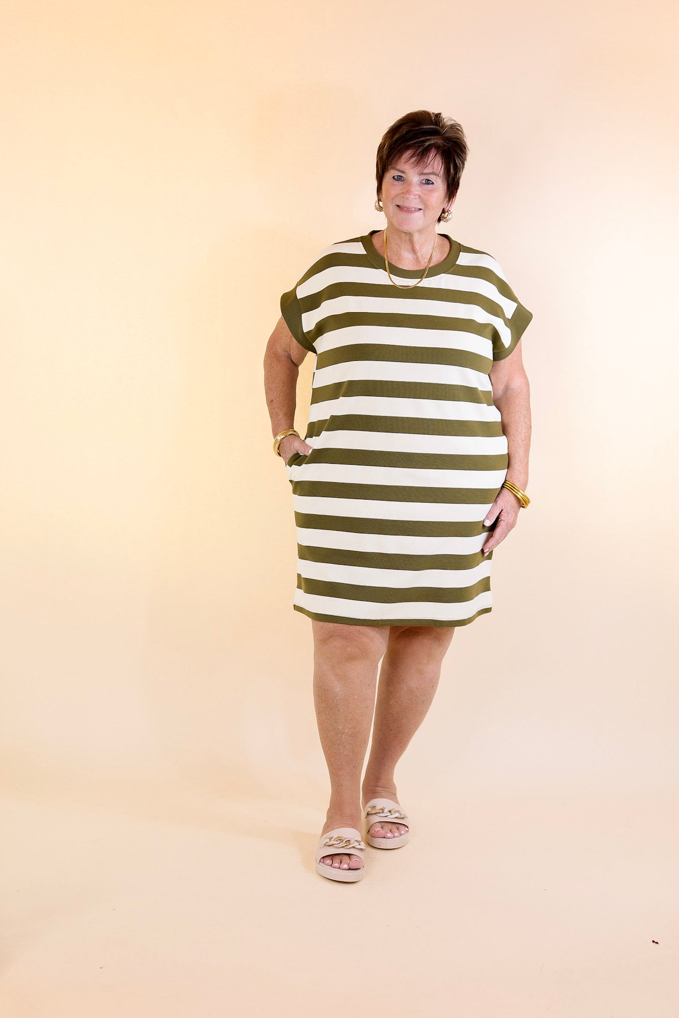 Stripe it Simple Striped Dress with Cap Sleeves in Olive Green and Cream