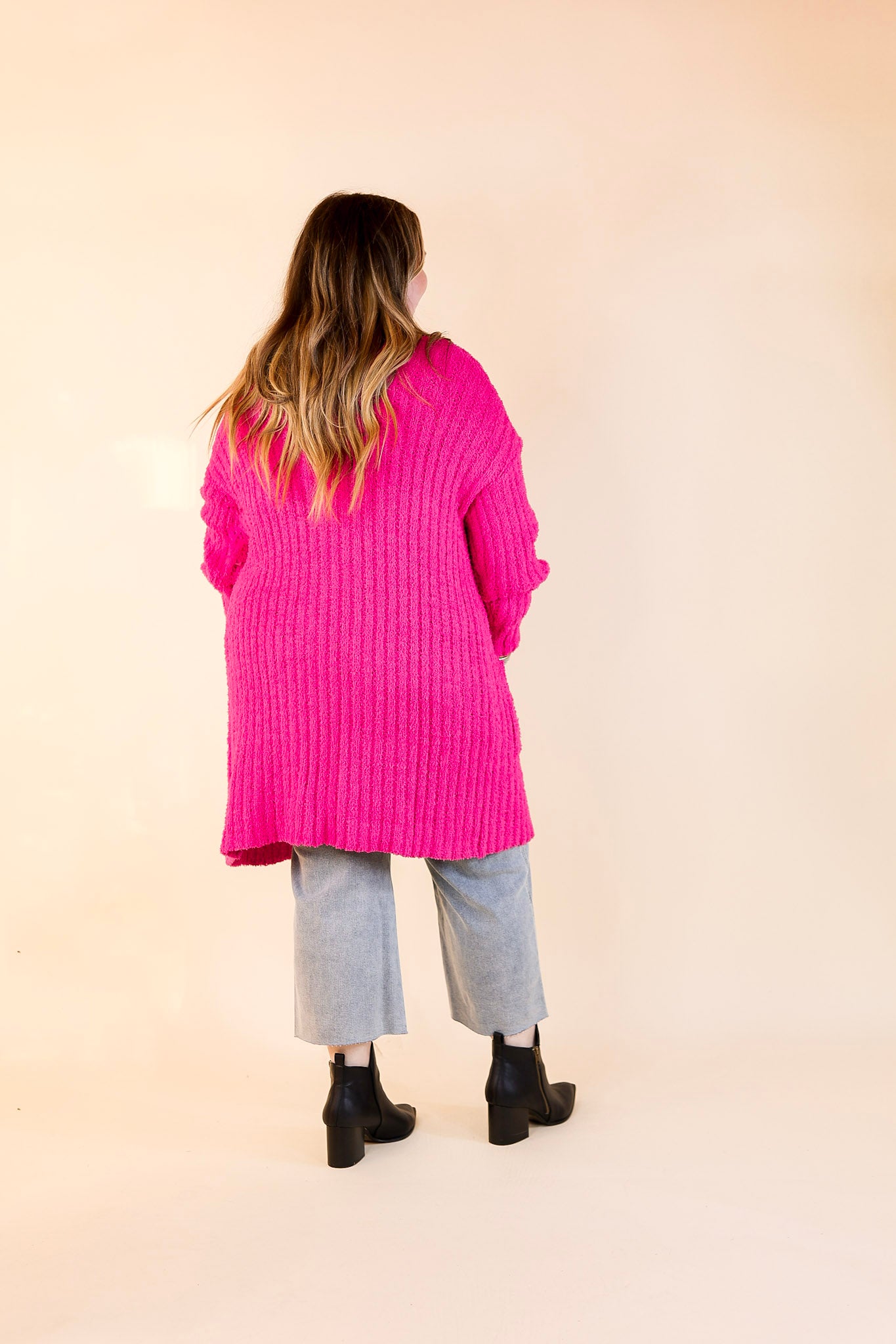 Cold Brew And Cuddles Long Sleeve Cardigan with Pockets in Hot Pink