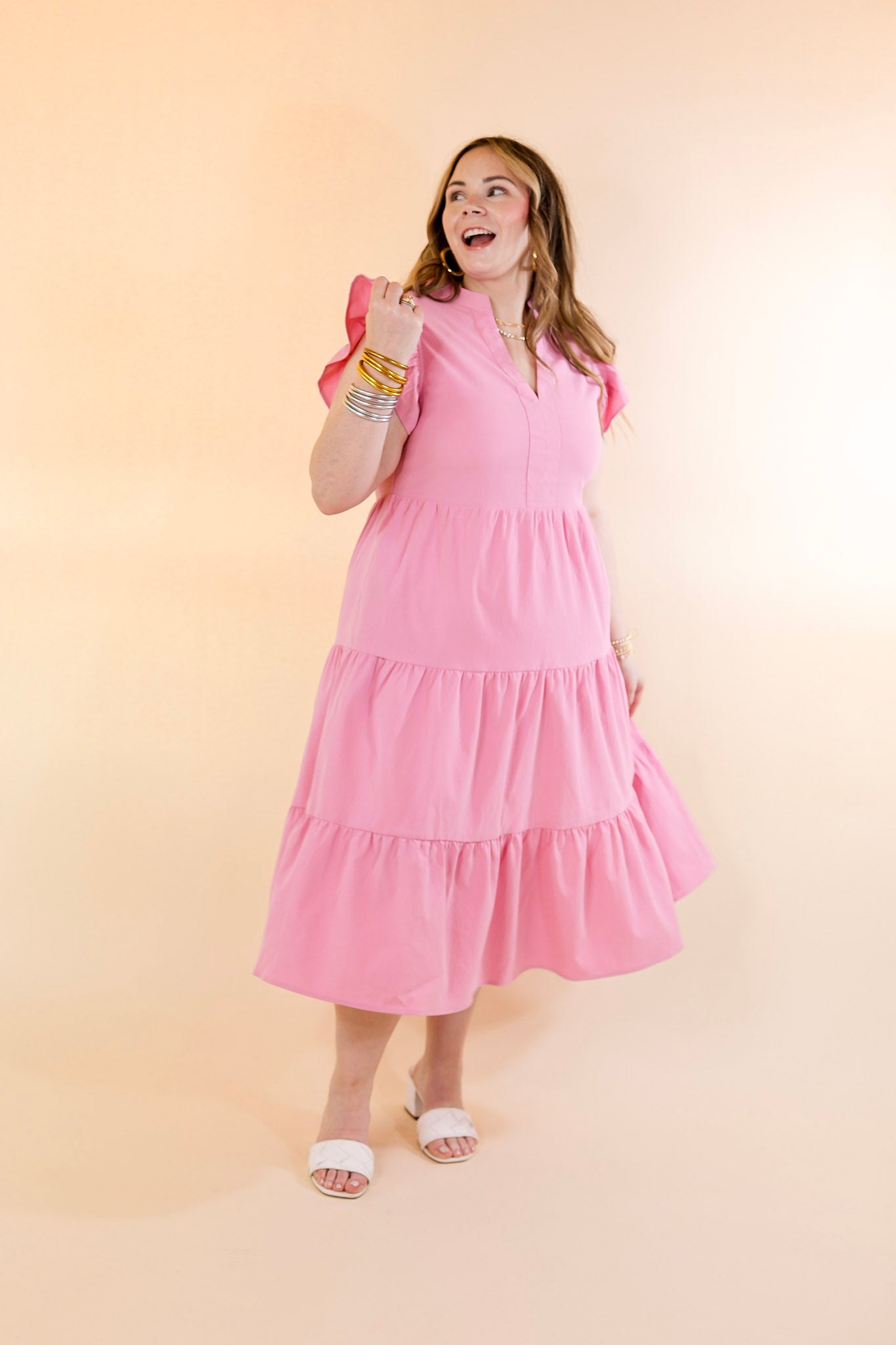 Magnolia Morning Ruffle Cap Sleeve Tiered Midi Dress in Pink