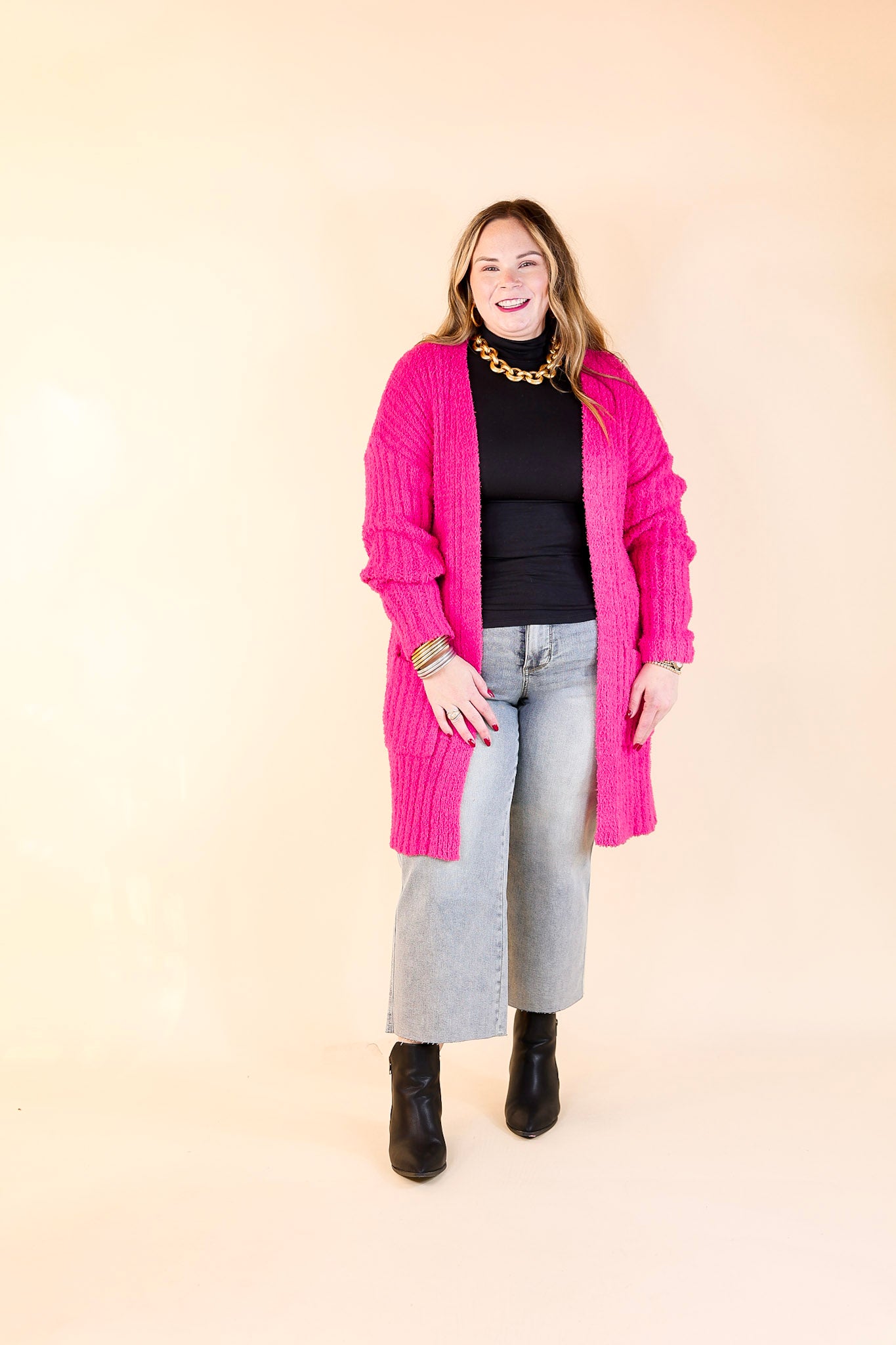 Cold Brew And Cuddles Long Sleeve Cardigan with Pockets in Hot Pink