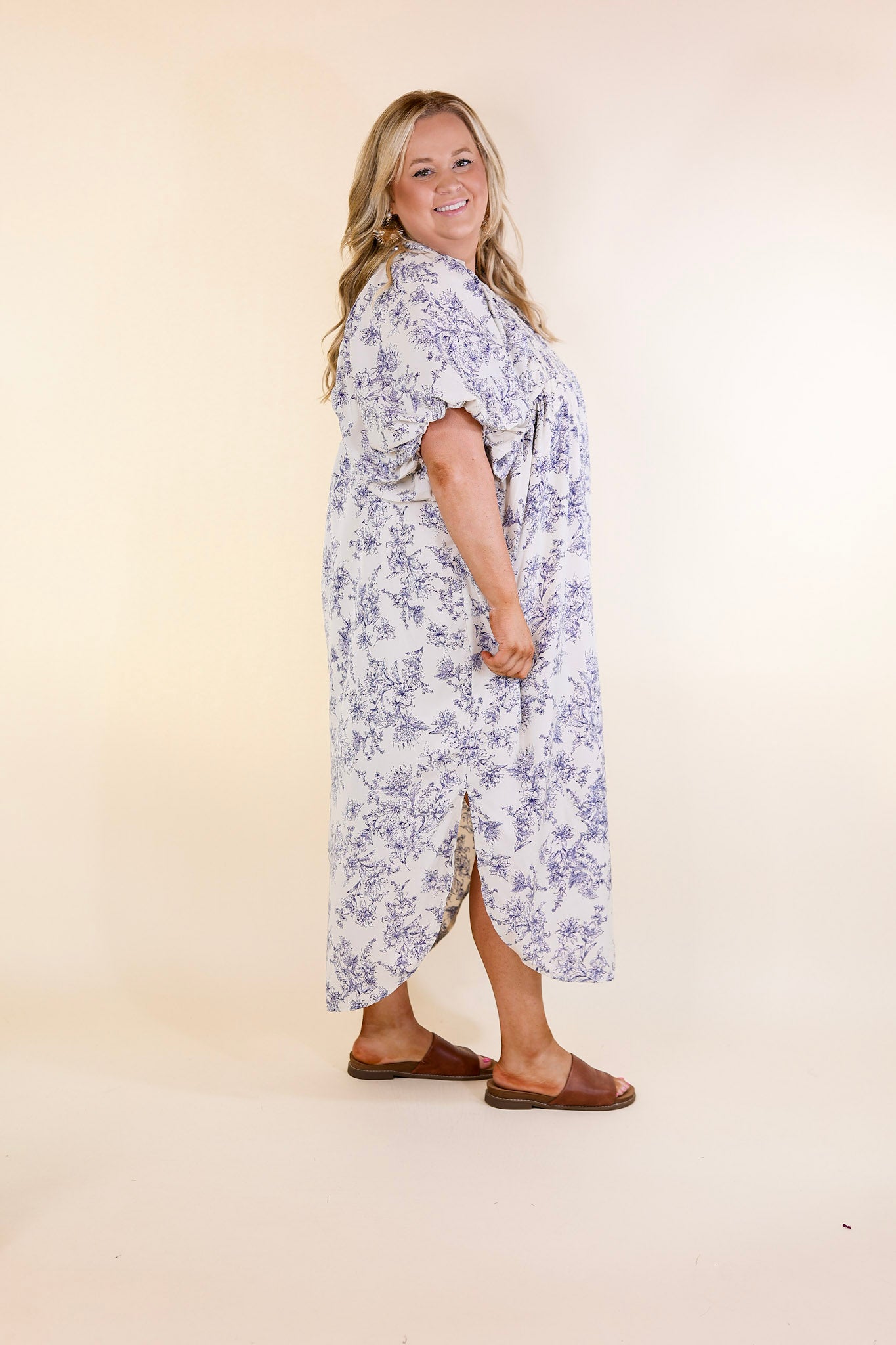 Timeless Blossom Floral Print Button Up Dress in Cream and Blue