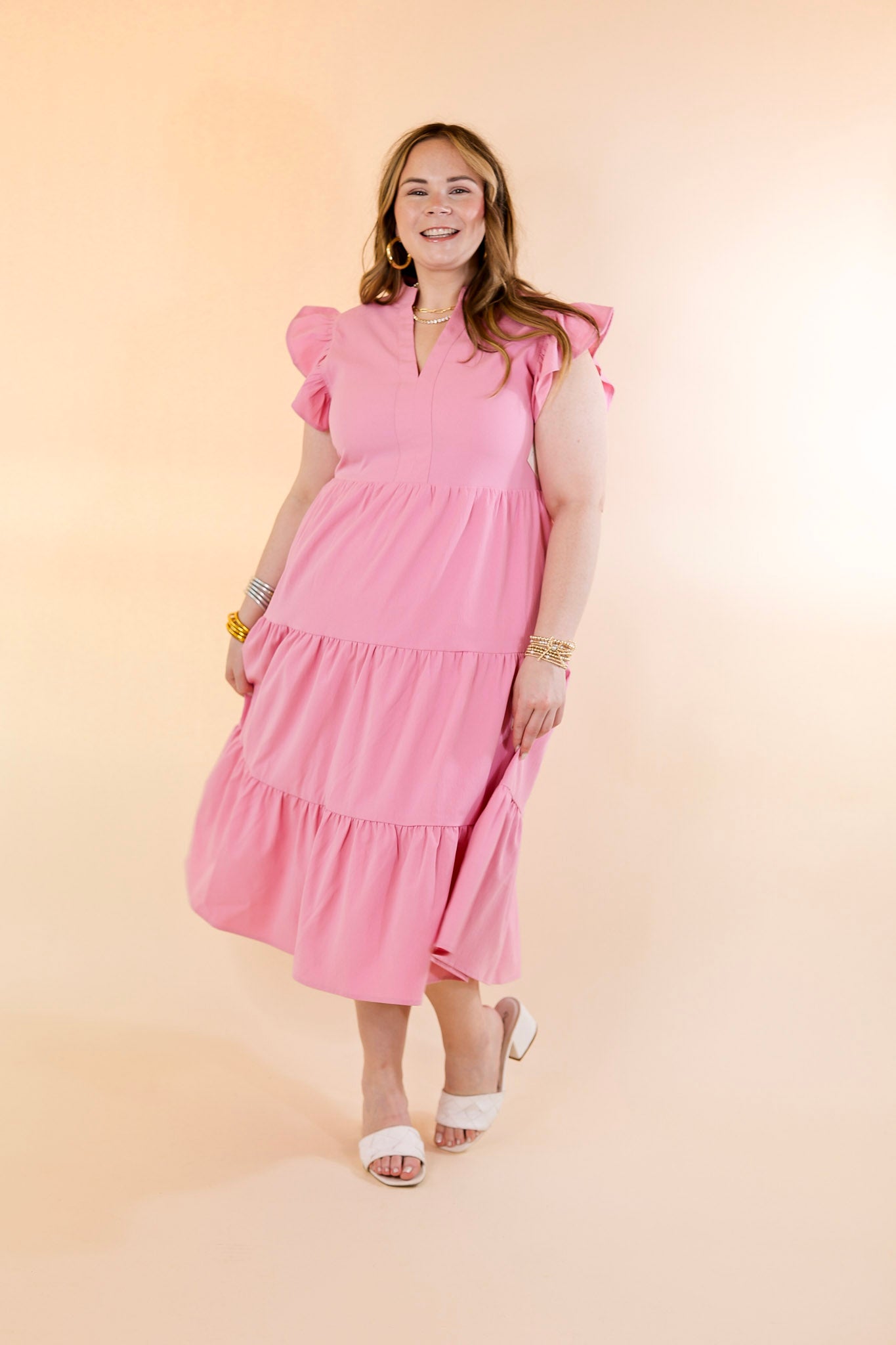 Magnolia Morning Ruffle Cap Sleeve Tiered Midi Dress in Pink