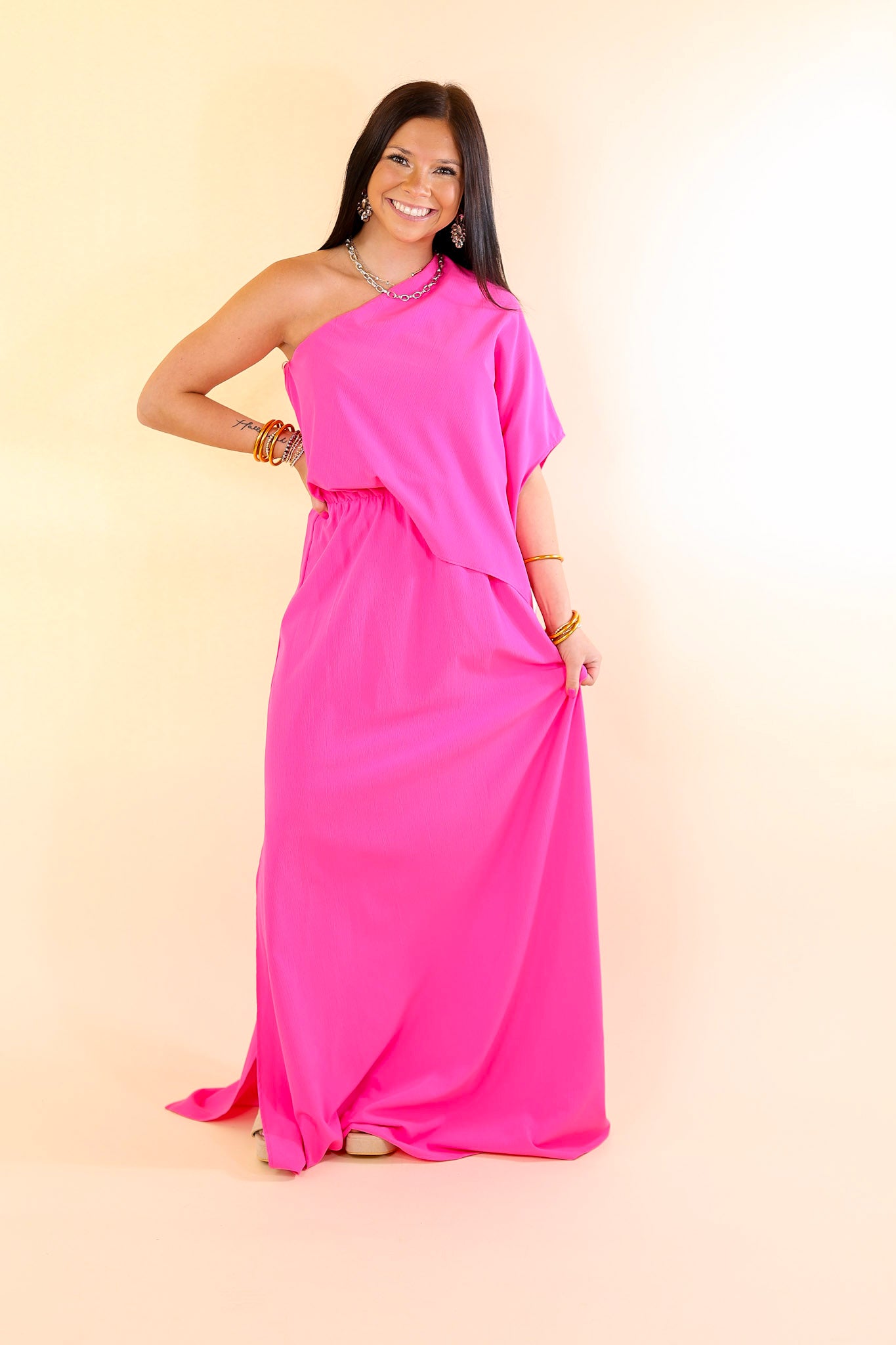 Chic Romance One Shoulder Unbalanced Maxi Dress in Fuchsia Pink