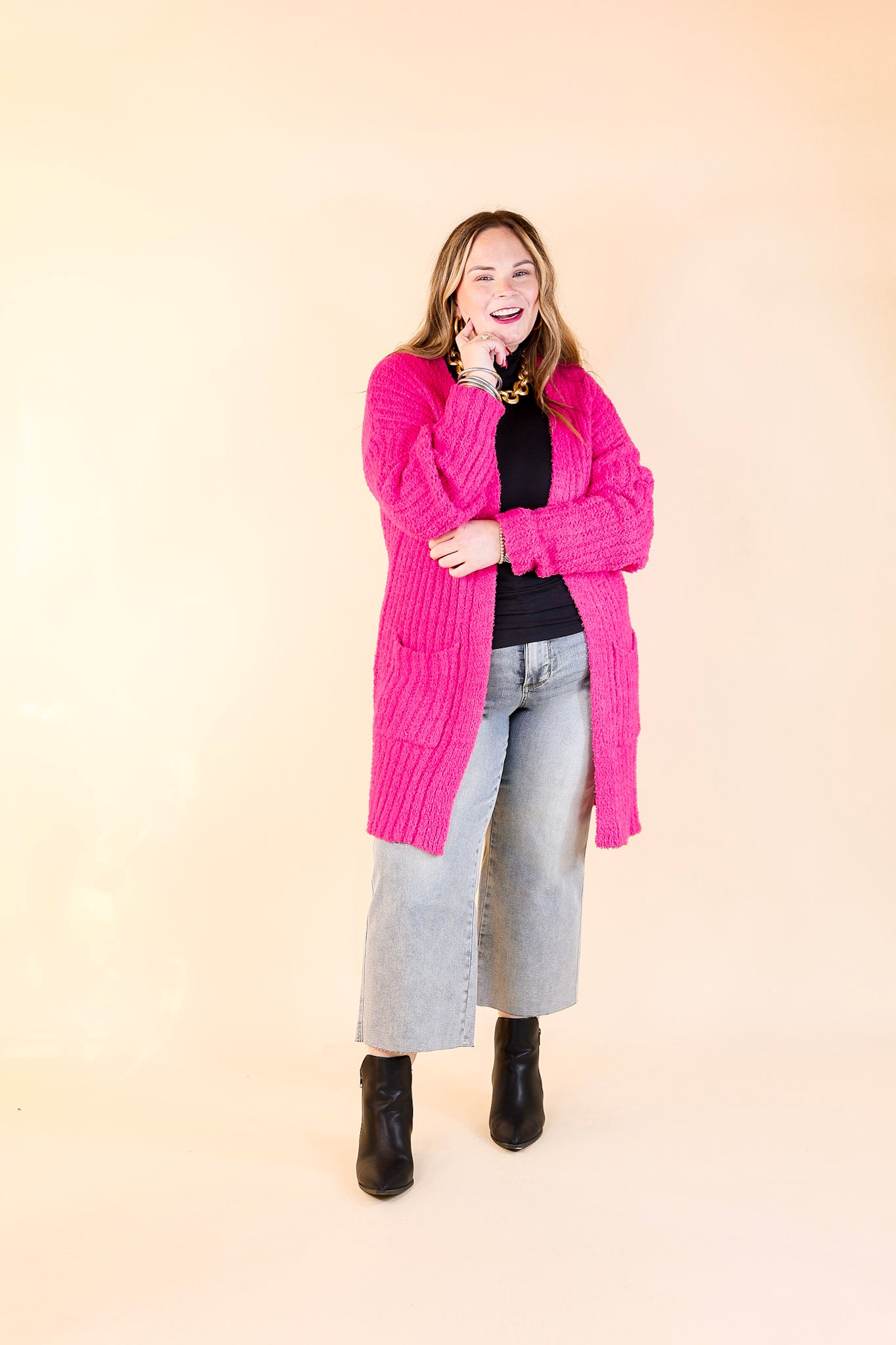 Cold Brew And Cuddles Long Sleeve Cardigan with Pockets in Hot Pink