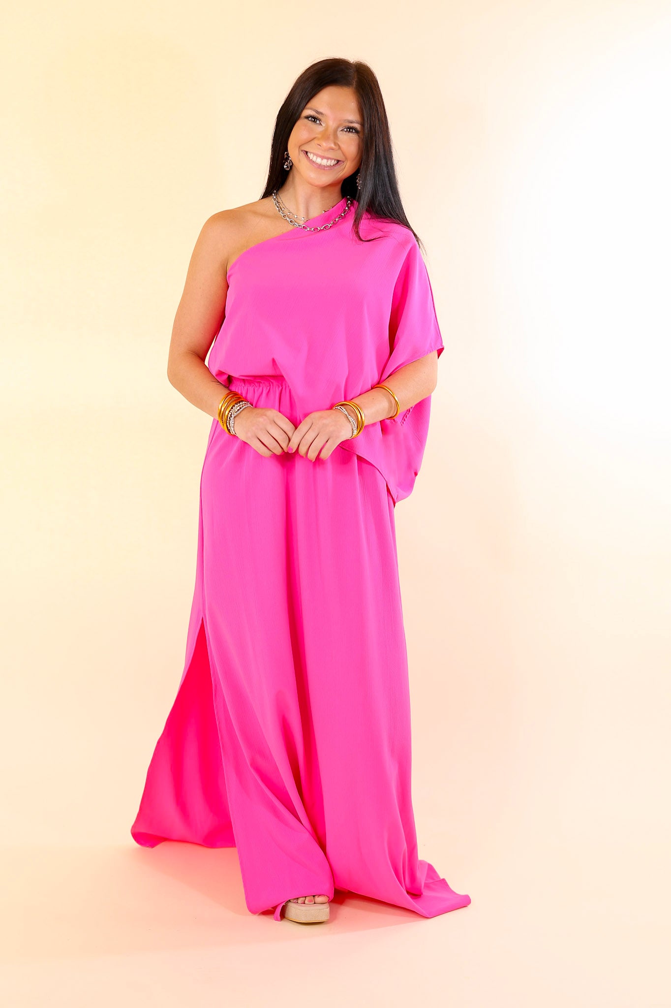 Chic Romance One Shoulder Unbalanced Maxi Dress in Fuchsia Pink