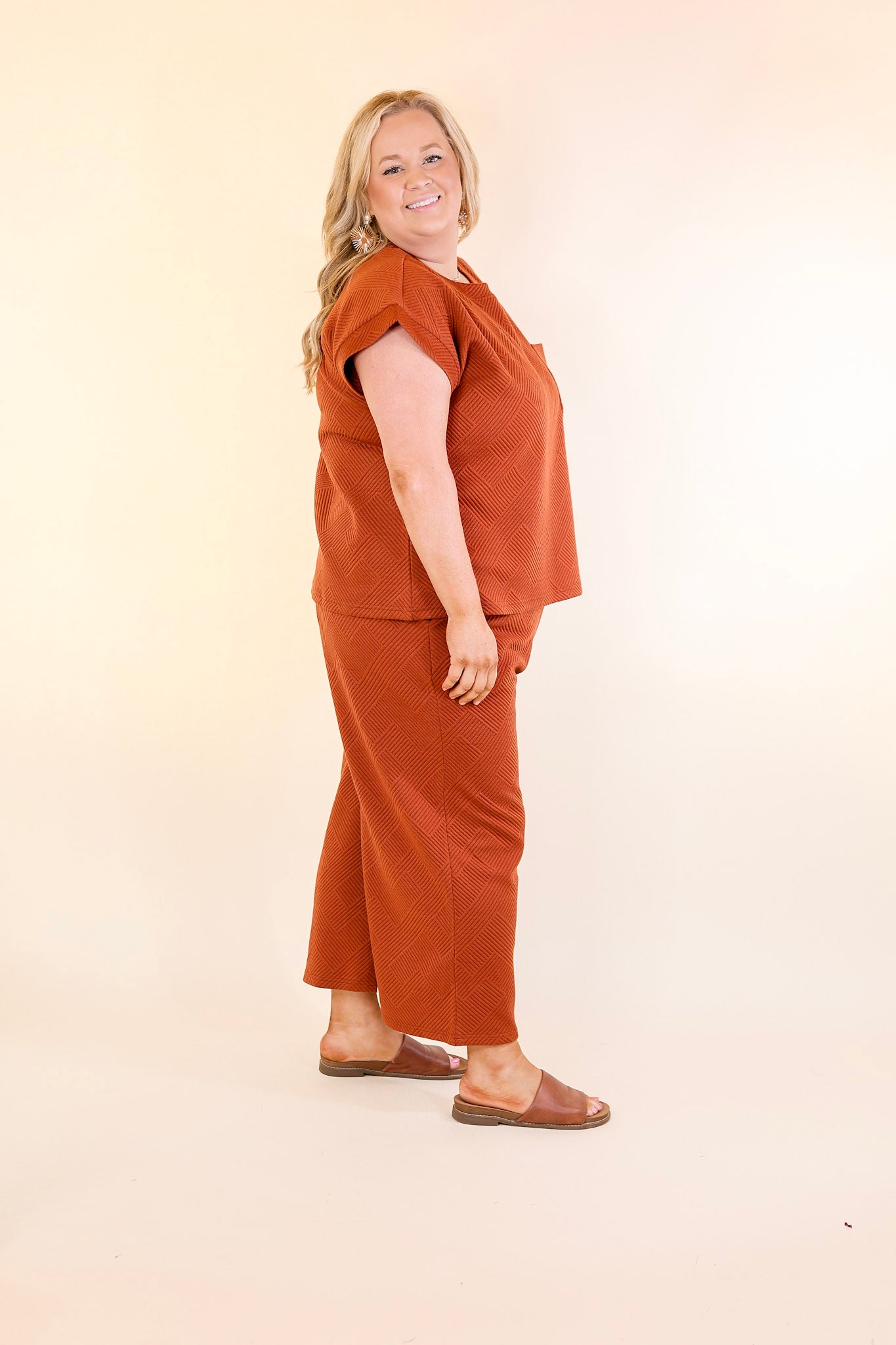 Glamour on the Go Textured Wide Leg Pant in Rust Orange