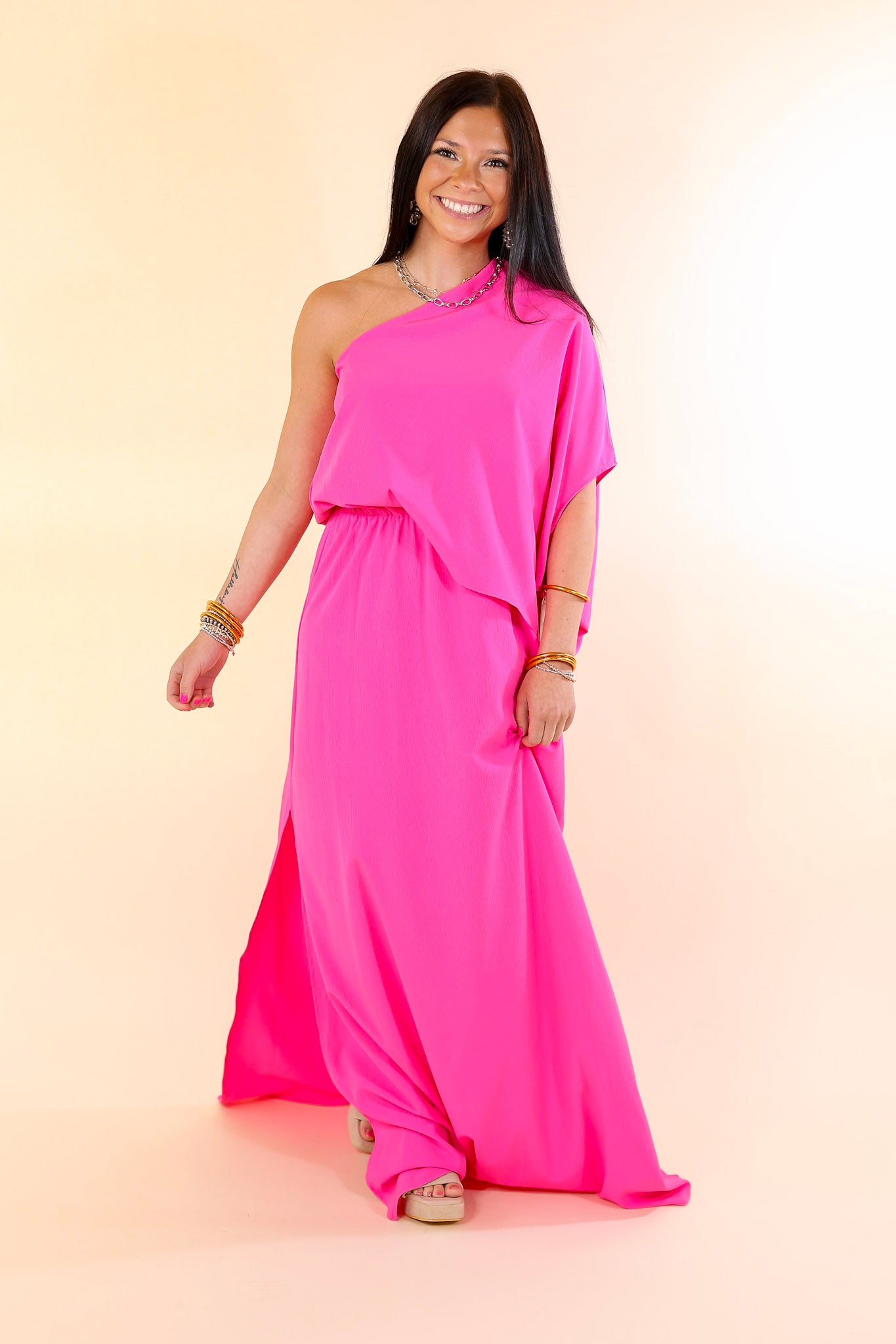 Chic Romance One Shoulder Unbalanced Maxi Dress in Fuchsia Pink