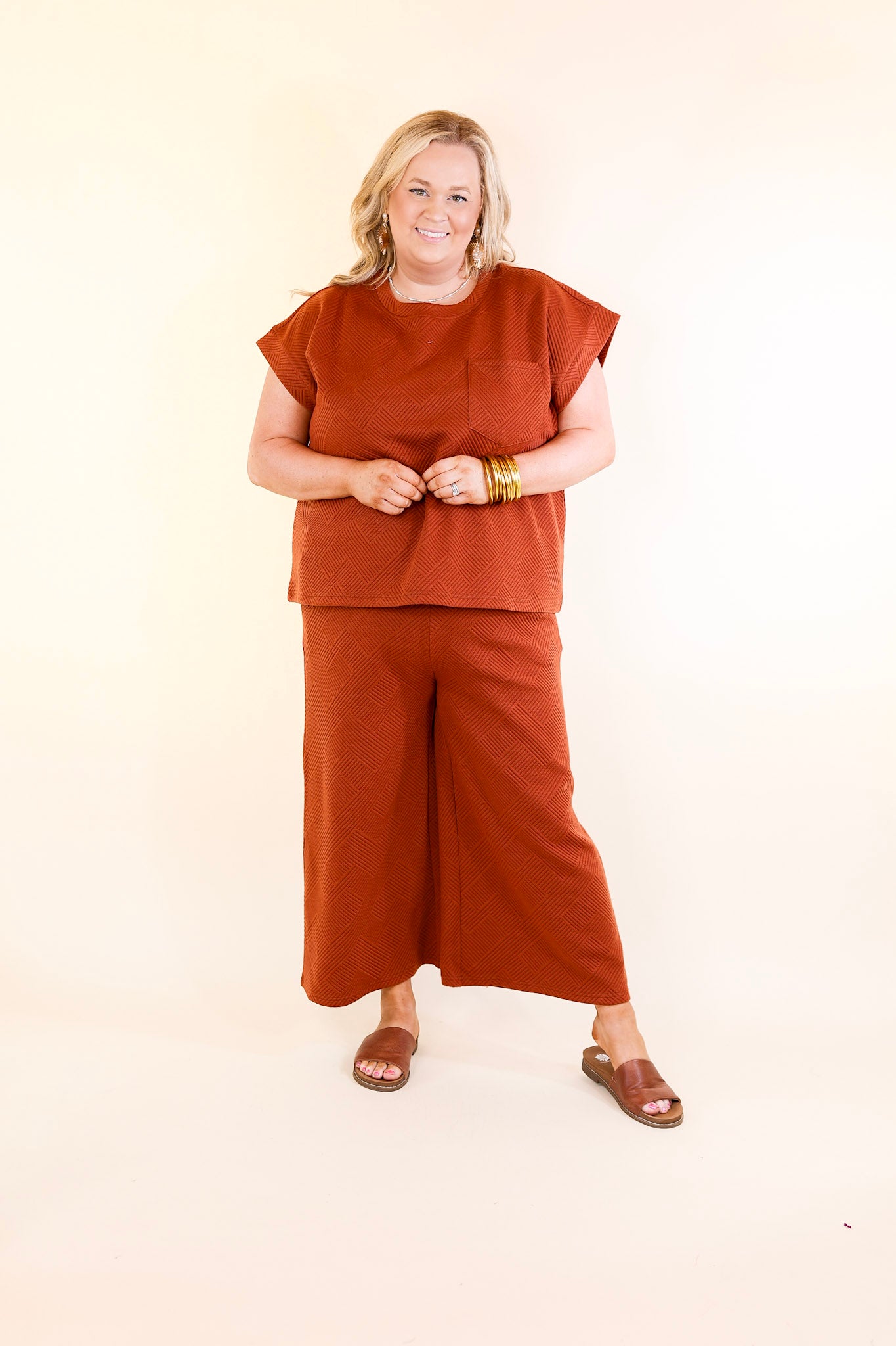 Glamour on the Go Textured Wide Leg Pant in Rust Orange