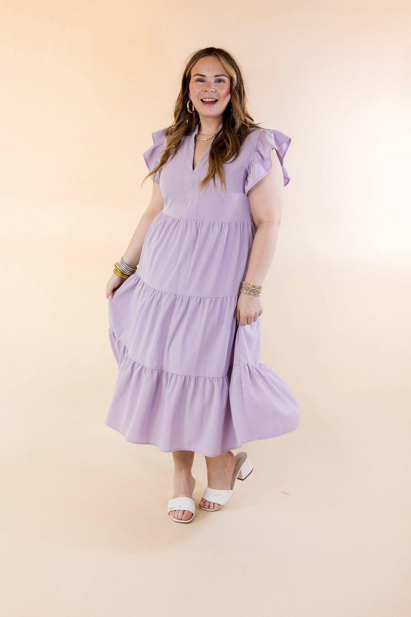 Magnolia Morning Ruffle Cap Sleeve Tiered Midi Dress in Lavender Purple