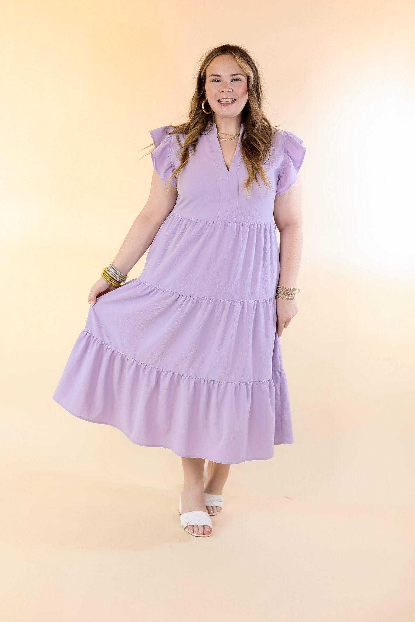 Magnolia Morning Ruffle Cap Sleeve Tiered Midi Dress in Lavender Purple