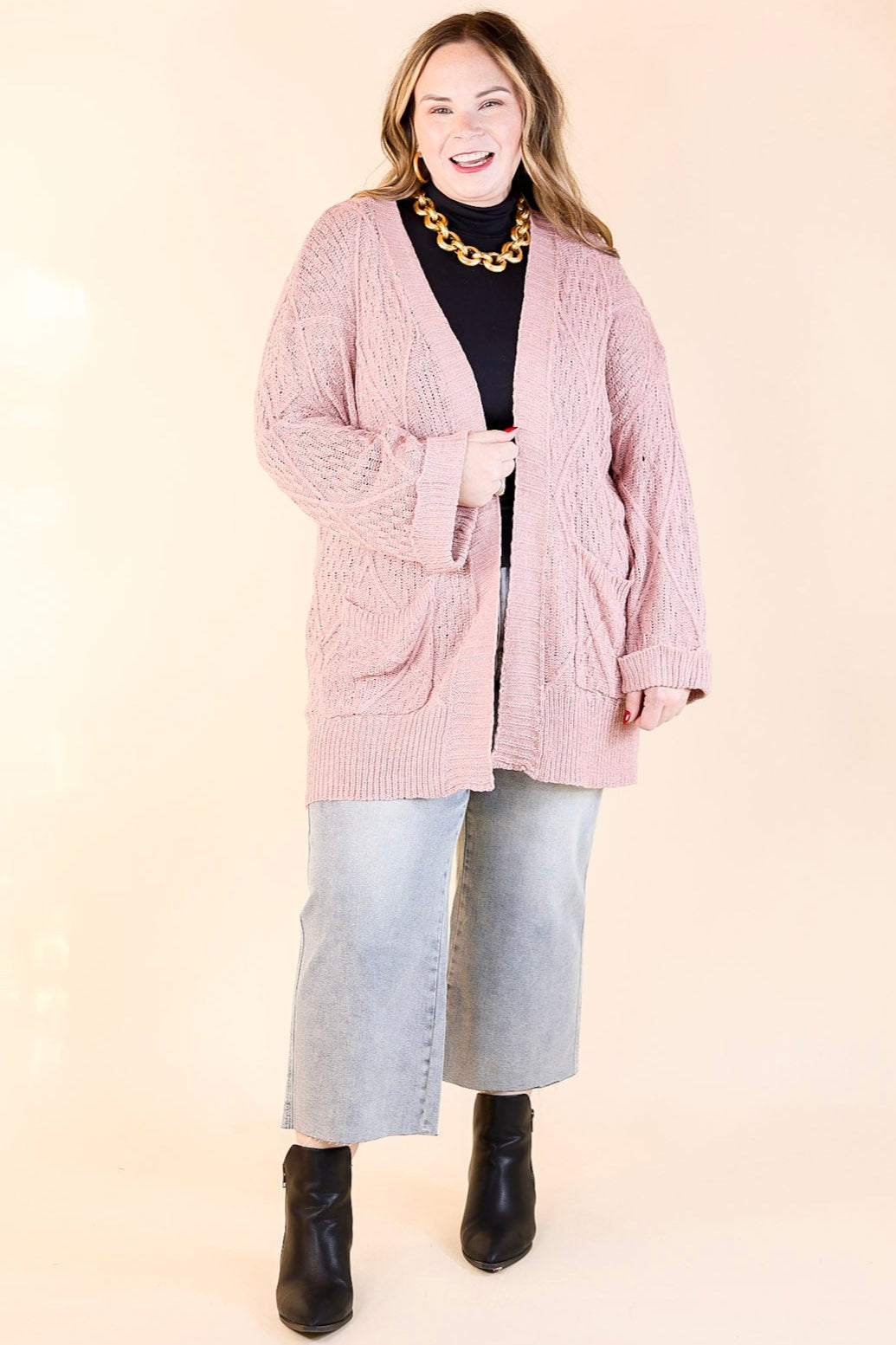 Fashionable Comfort Knit Cardigan with Pockets in Mauve