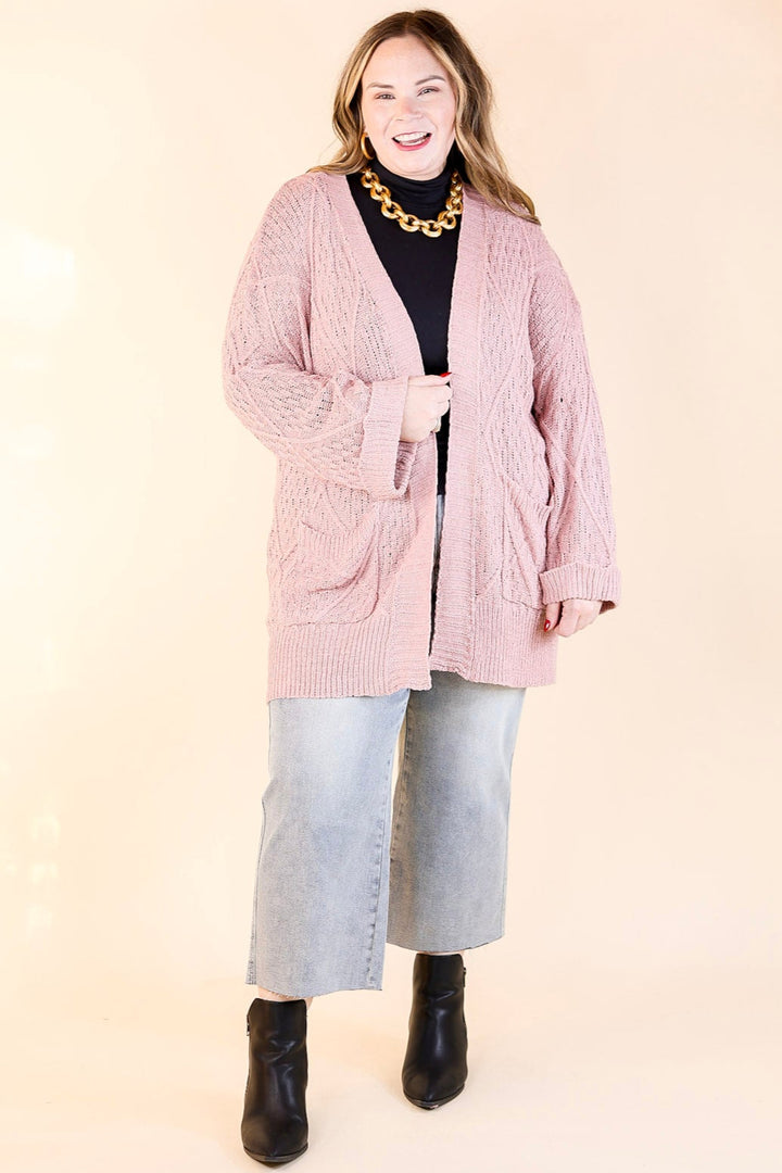 Fashionable Comfort Knit Cardigan with Pockets in Mauve
