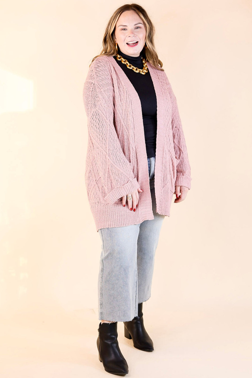 Fashionable Comfort Knit Cardigan with Pockets in Mauve
