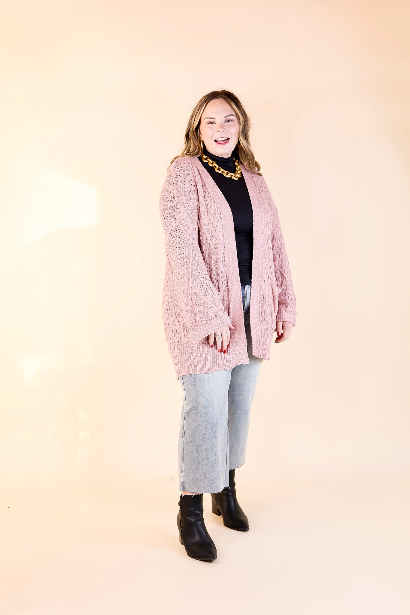 Fashionable Comfort Knit Cardigan with Pockets in Mauve