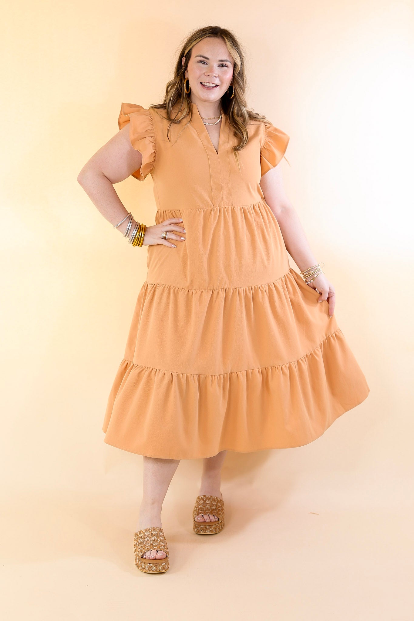 Magnolia Morning Ruffle Cap Sleeve Tiered Midi Dress in Sunset Orange