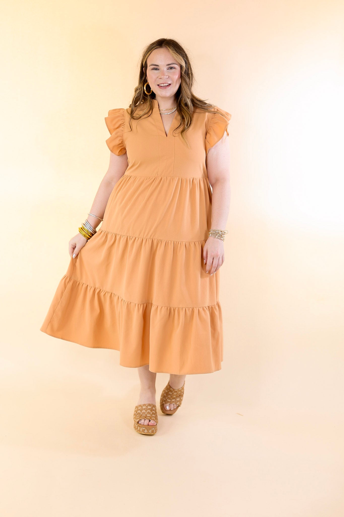 Magnolia Morning Ruffle Cap Sleeve Tiered Midi Dress in Sunset Orange