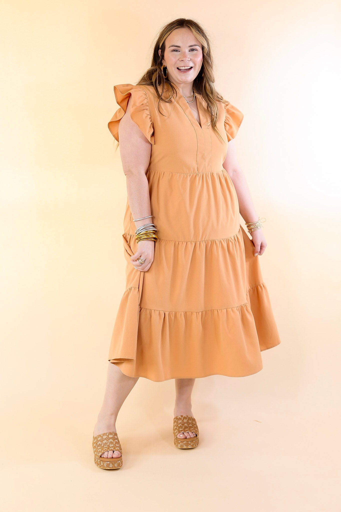 Magnolia Morning Ruffle Cap Sleeve Tiered Midi Dress in Sunset Orange