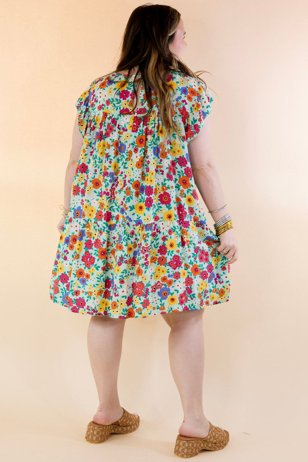 Greek Isles Floral Dress with Ruffle Cap Sleeves in Mint Green