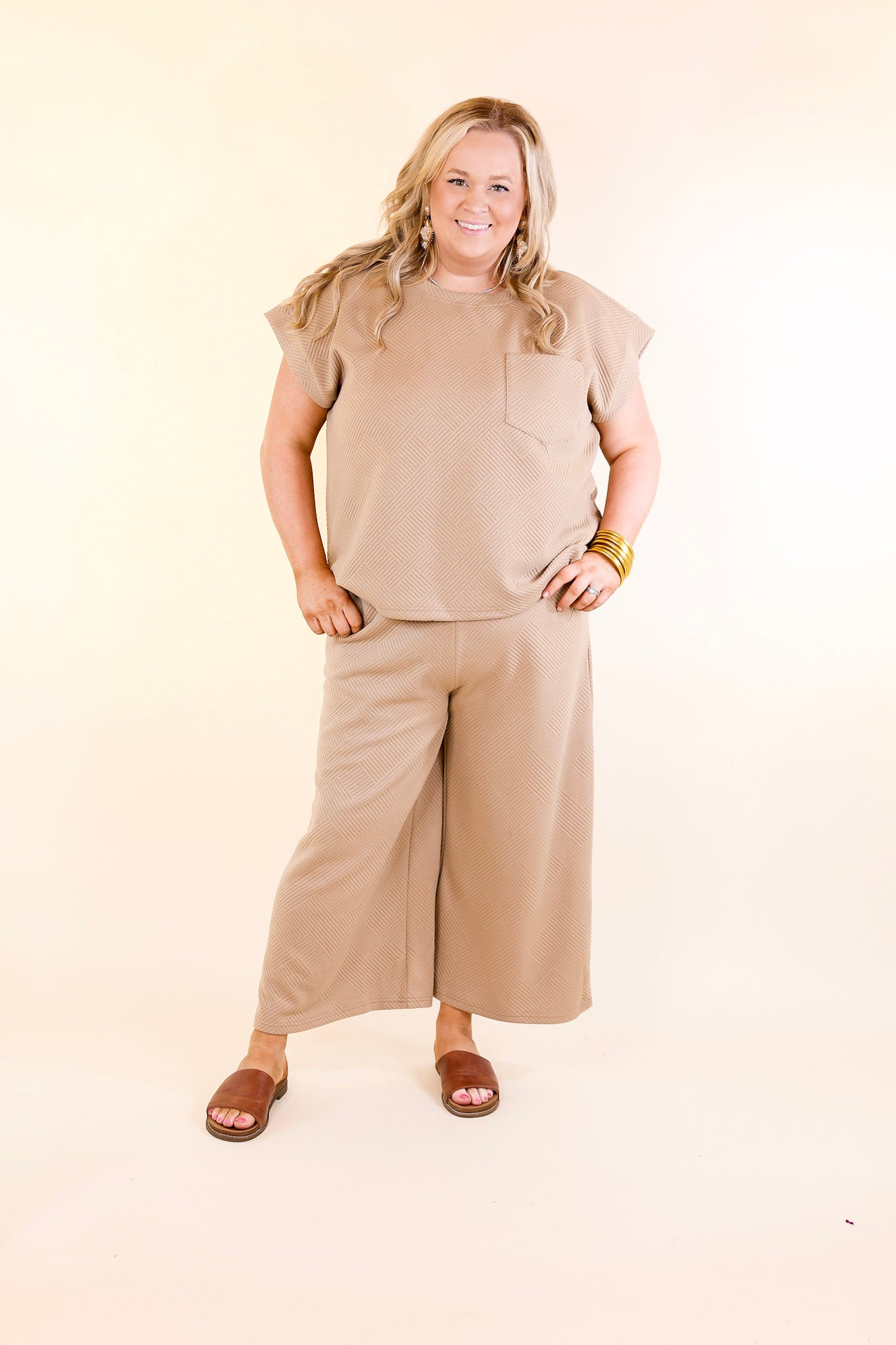 Glamour on the Go Textured Wide Leg Pant in Tan