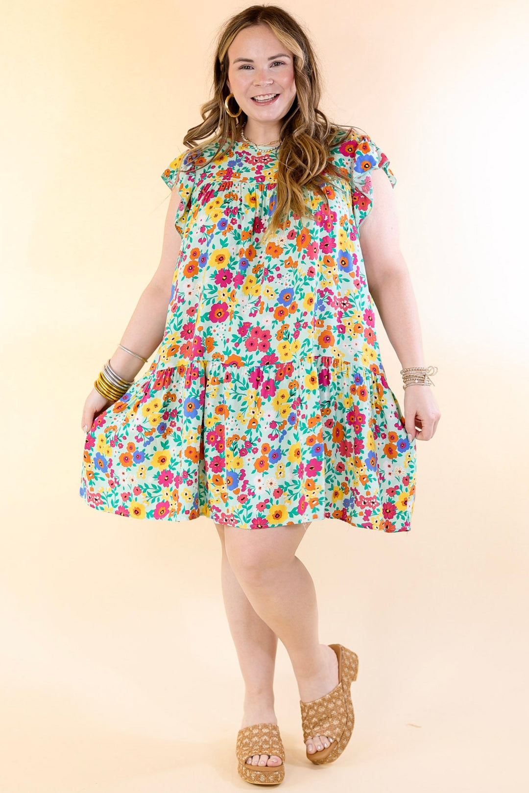 Greek Isles Floral Dress with Ruffle Cap Sleeves in Mint Green