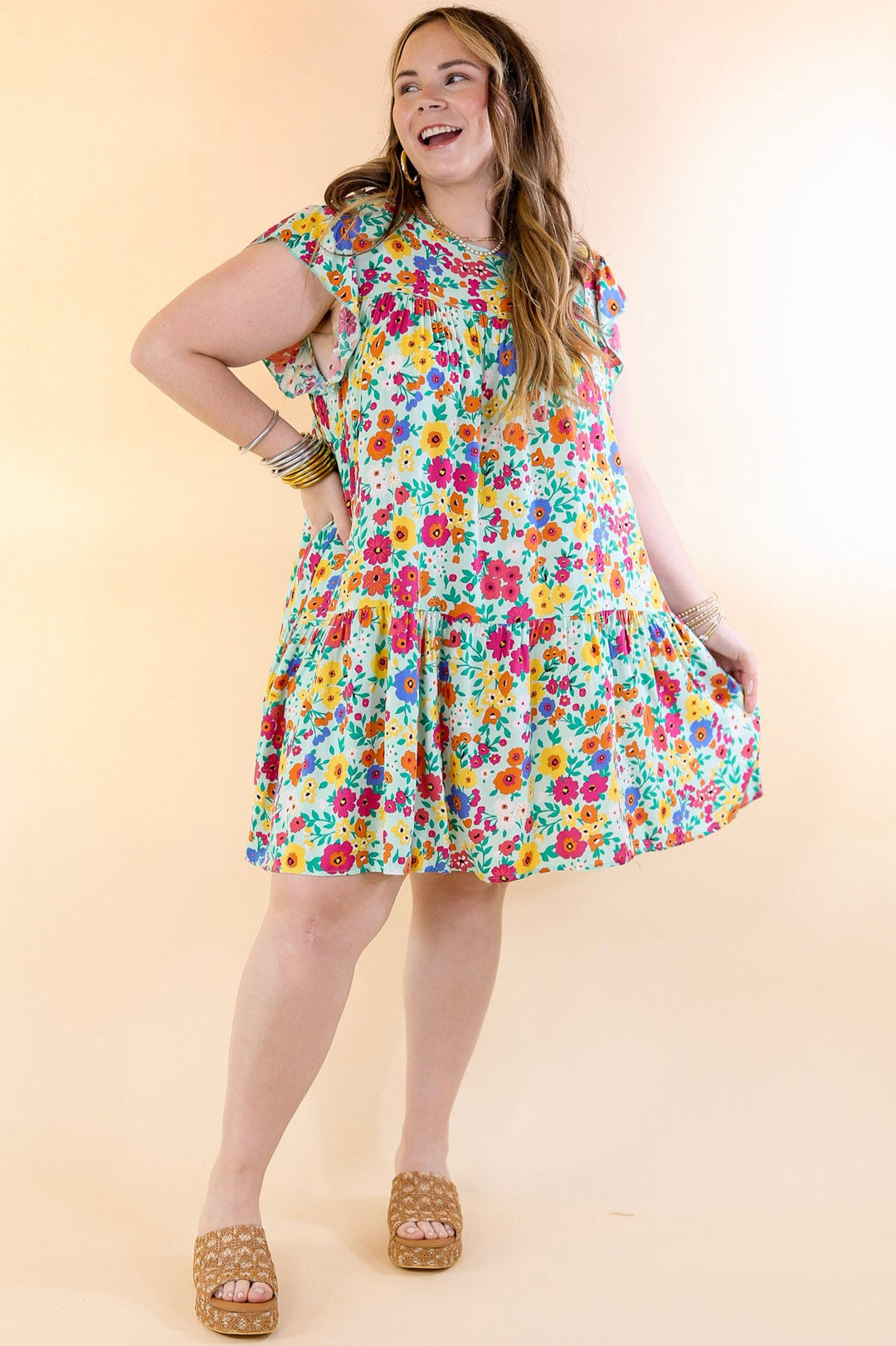 Greek Isles Floral Dress with Ruffle Cap Sleeves in Mint Green