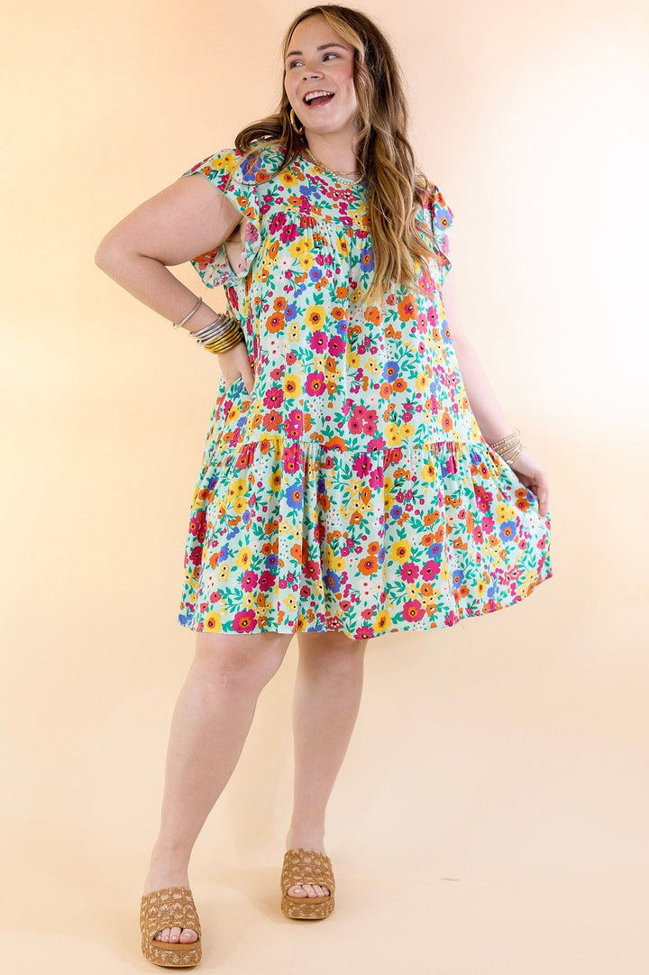 Greek Isles Floral Dress with Ruffle Cap Sleeves in Mint Green