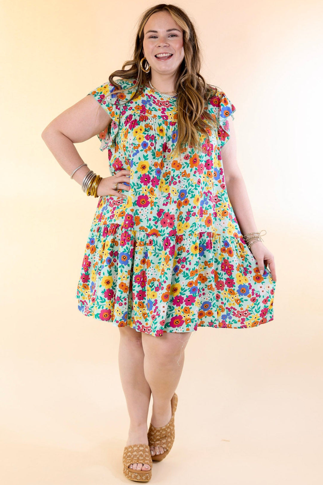 Greek Isles Floral Dress with Ruffle Cap Sleeves in Mint Green