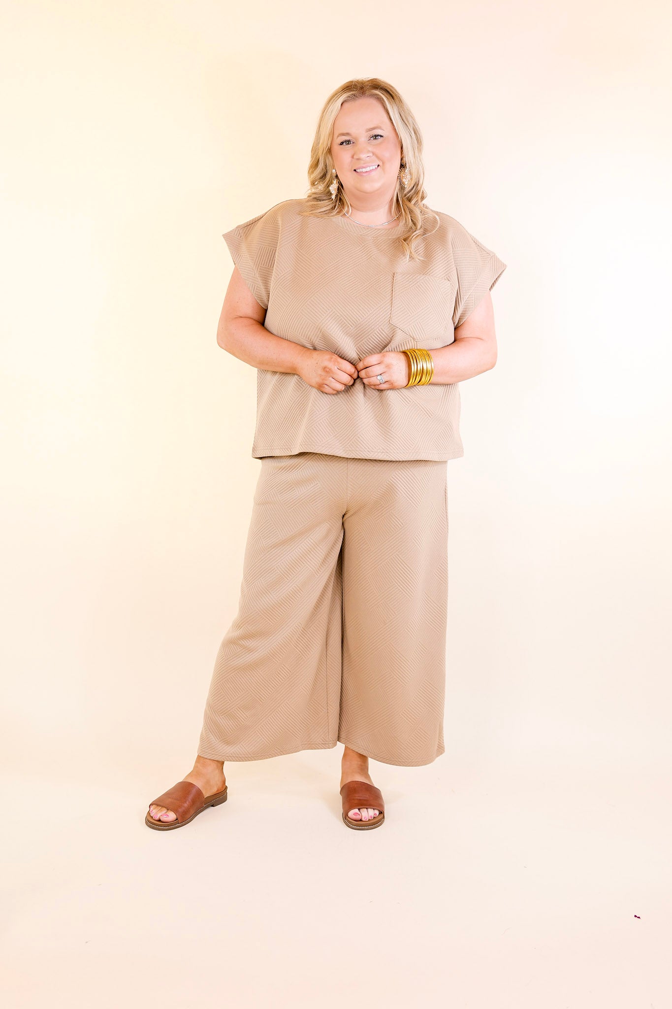 Glamour on the Go Textured Wide Leg Pant in Tan