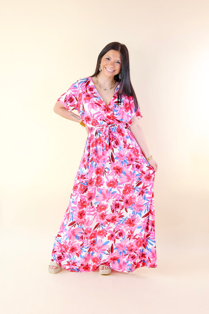 Delightful Dip Floral Maxi Dress with Waist Tie in Pink Mix - Giddy Up Glamour Boutique