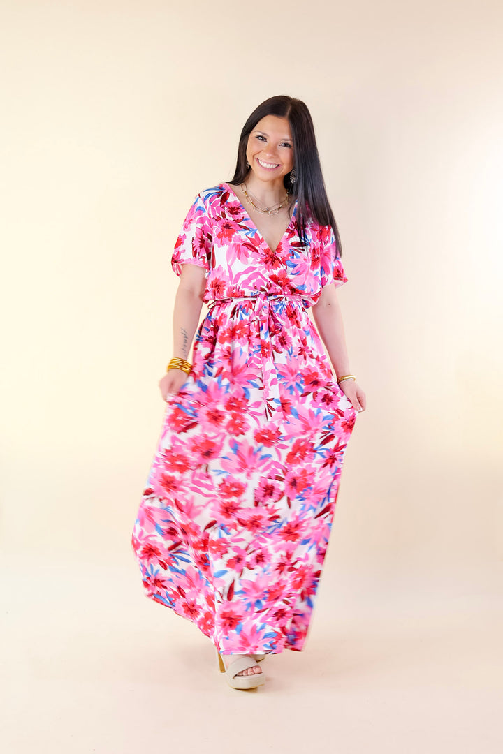 Delightful Dip Floral Maxi Dress with Waist Tie in Pink Mix - Giddy Up Glamour Boutique