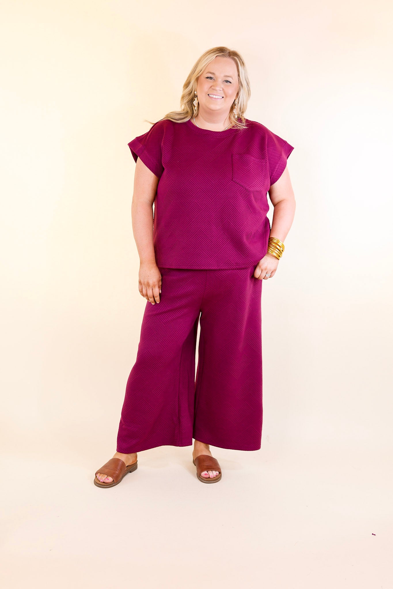 Glamour on the Go Textured Wide Leg Pant in Plum Purple