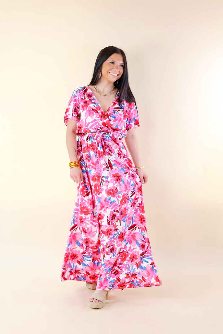 Delightful Dip Floral Maxi Dress with Waist Tie in Pink Mix - Giddy Up Glamour Boutique