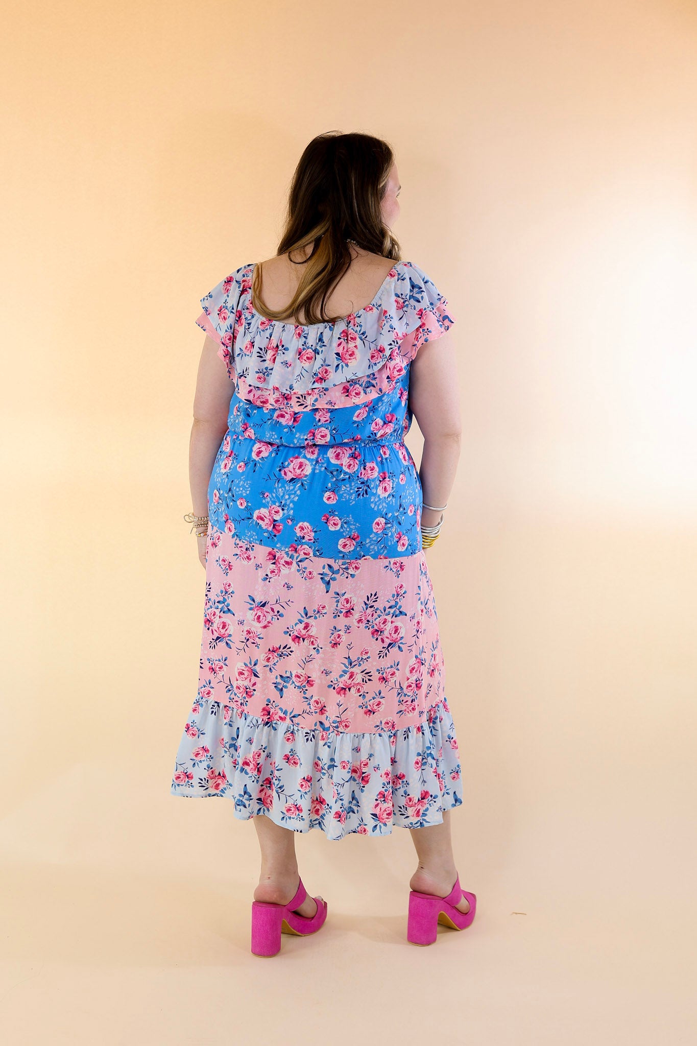 Tides In Tulum Floral Midi Dress with Ruffle Sleeves in Pink and Blue