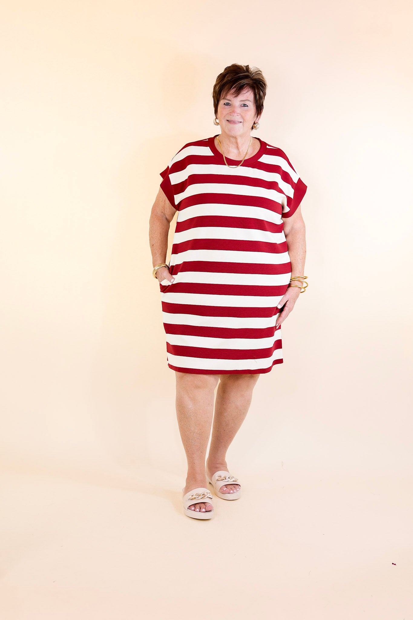 Stripe it Simple Striped Dress with Cap Sleeves in Burgundy and Cream