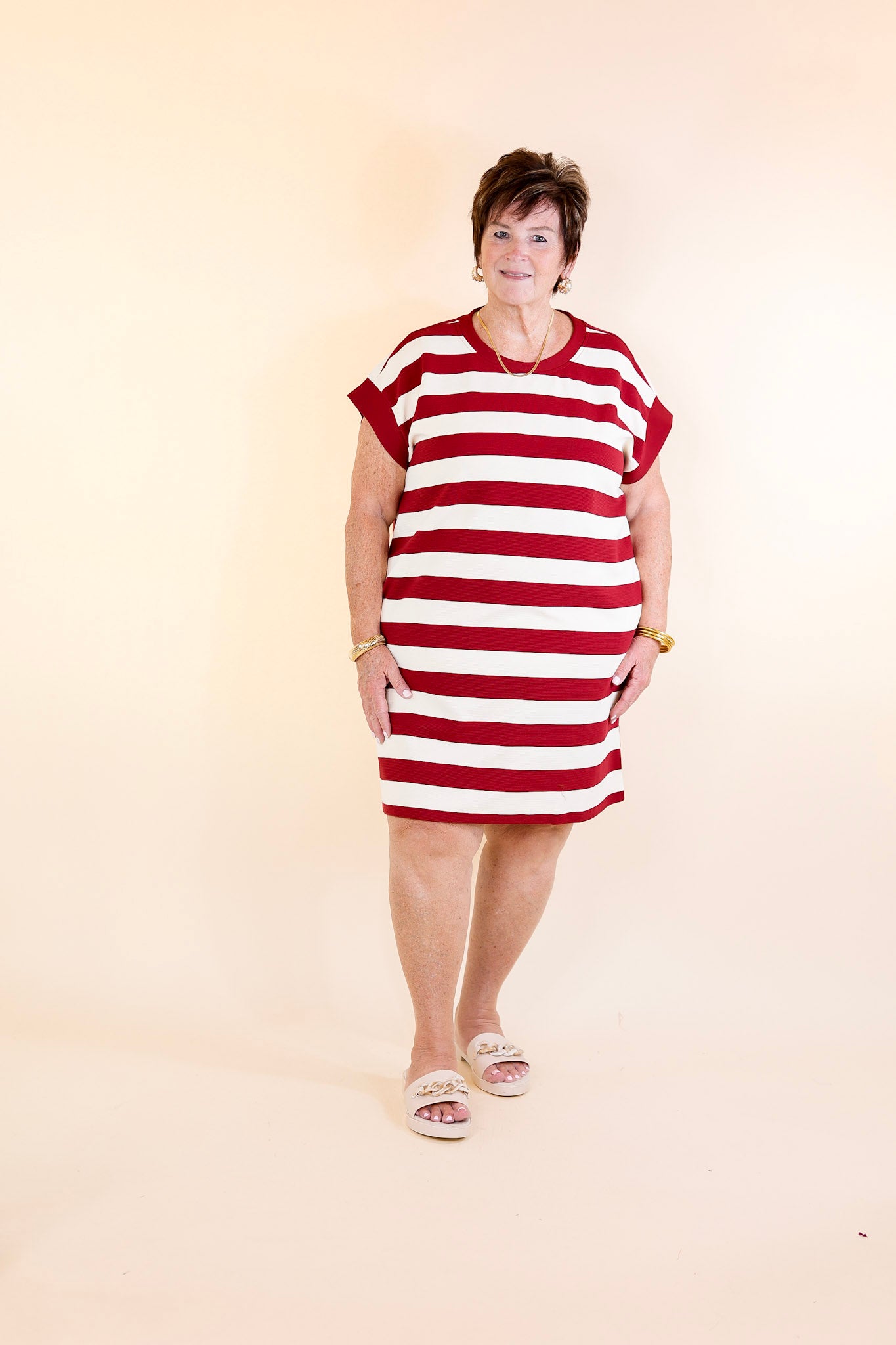 Stripe it Simple Striped Dress with Cap Sleeves in Burgundy and Cream