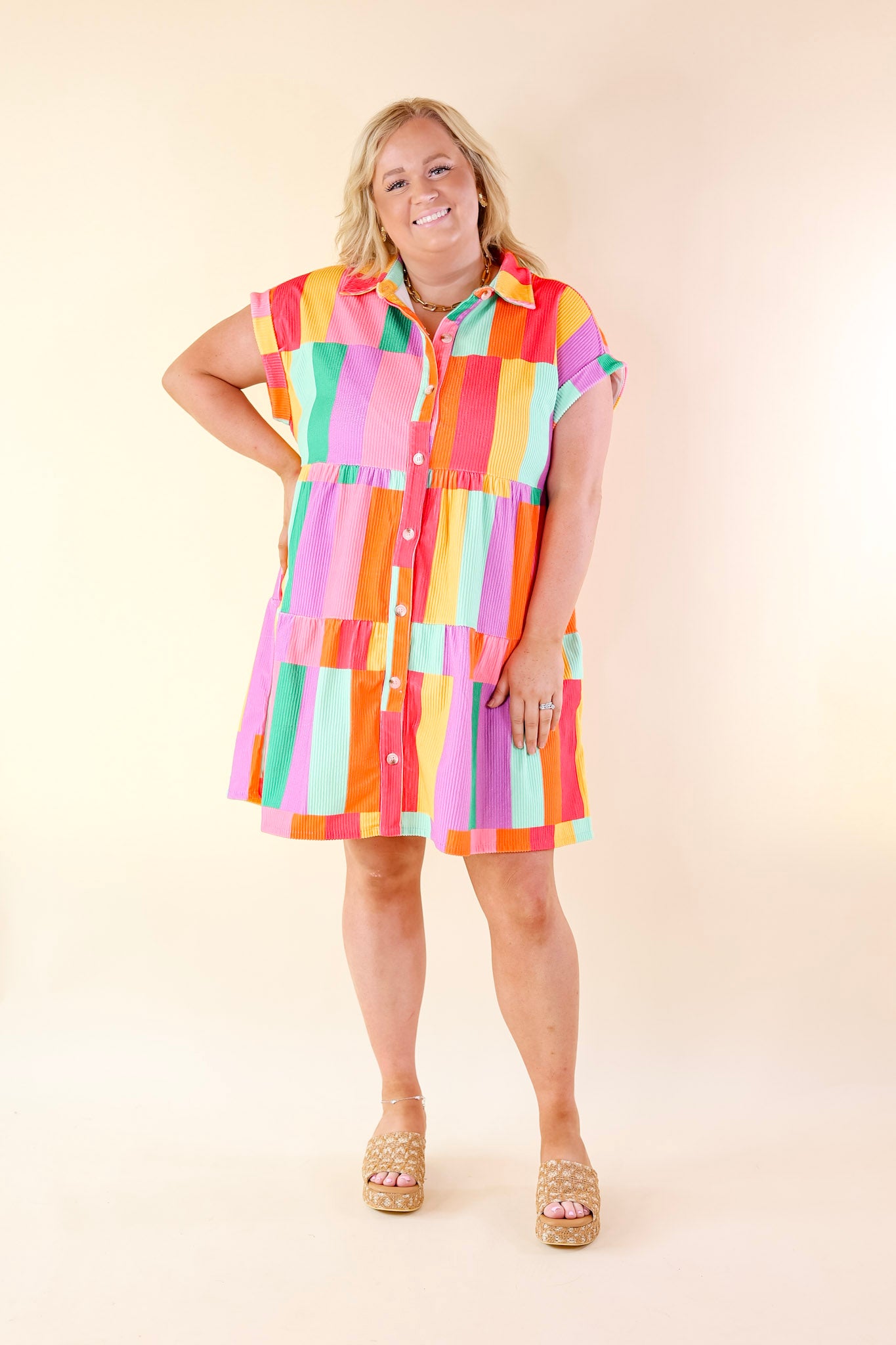 Appreciate You Color Block Corduroy Button Up Dress in Multi - Giddy Up Glamour Boutique