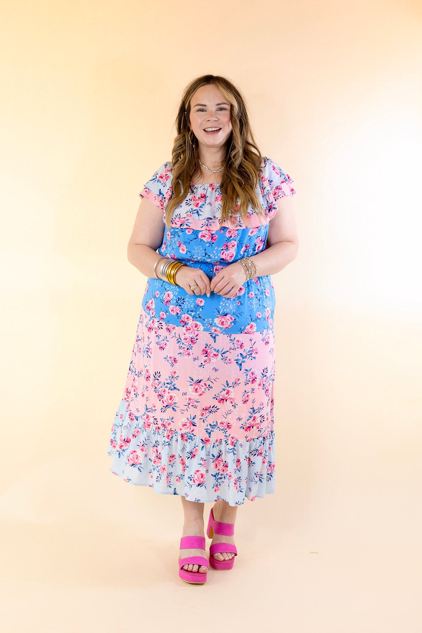 Tides In Tulum Floral Midi Dress with Ruffle Sleeves in Pink and Blue