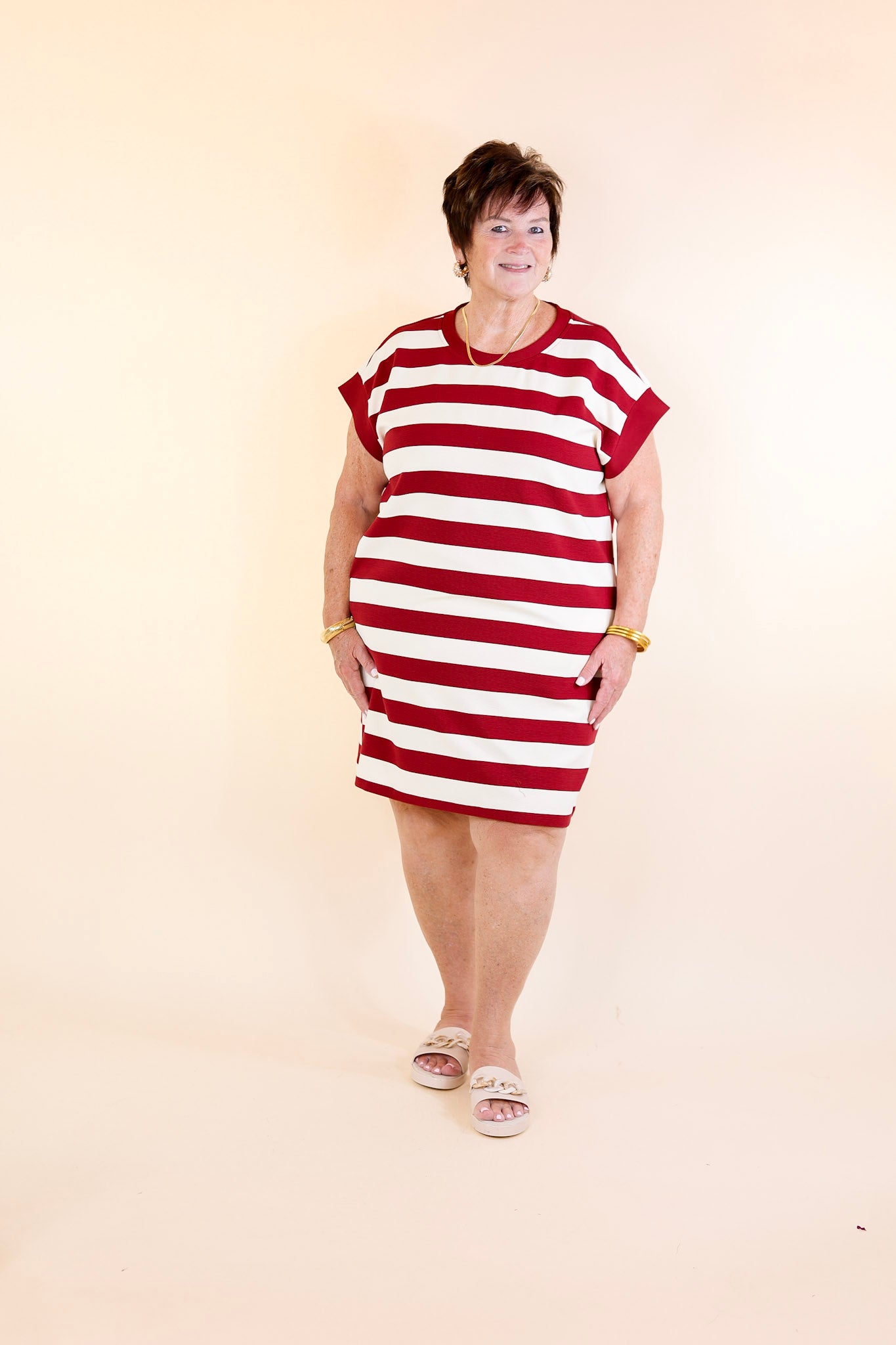 Stripe it Simple Striped Dress with Cap Sleeves in Burgundy and Cream