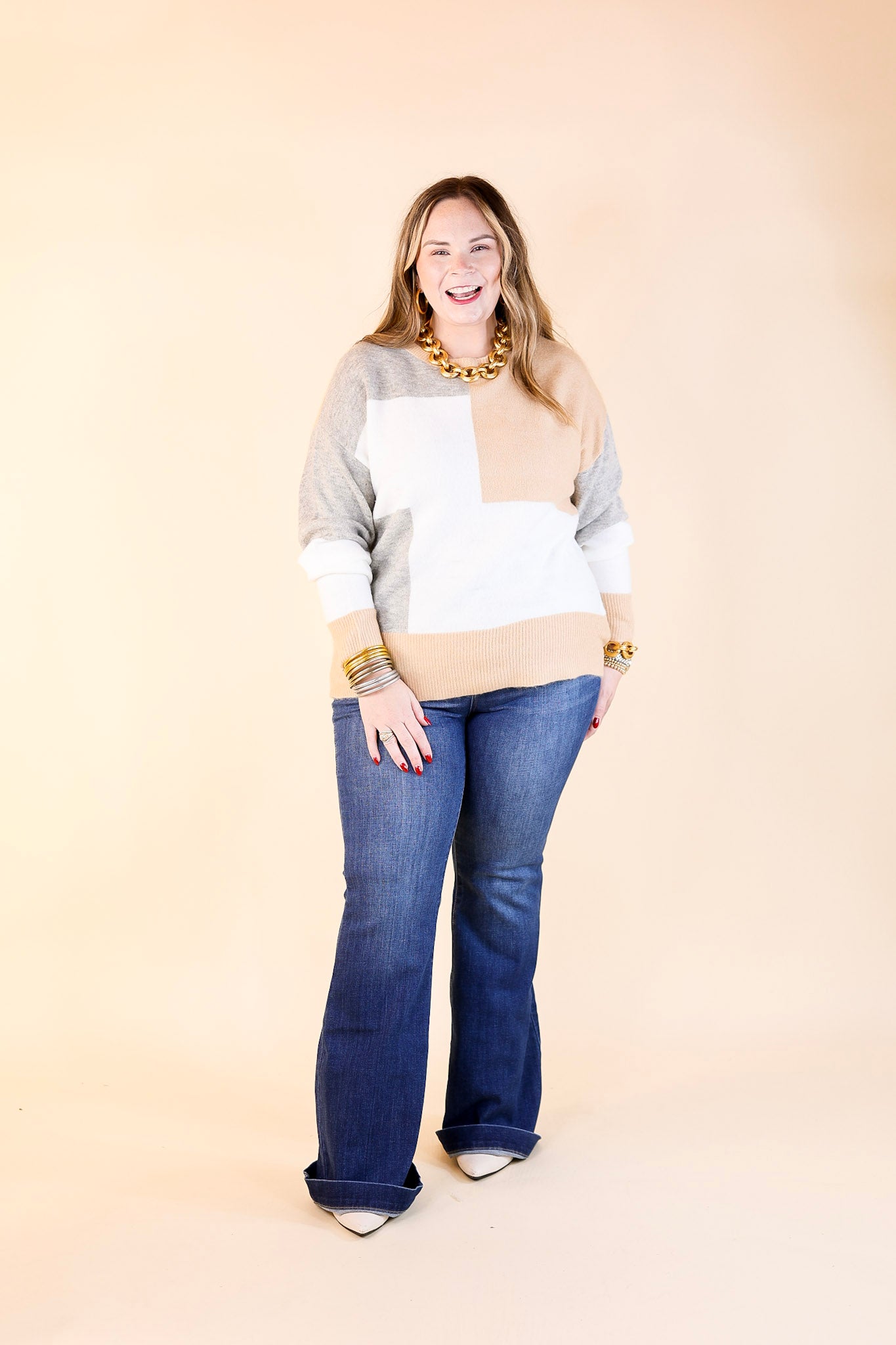 Frozen Lake Color Block Sweater in Ivory, Tan, and Grey