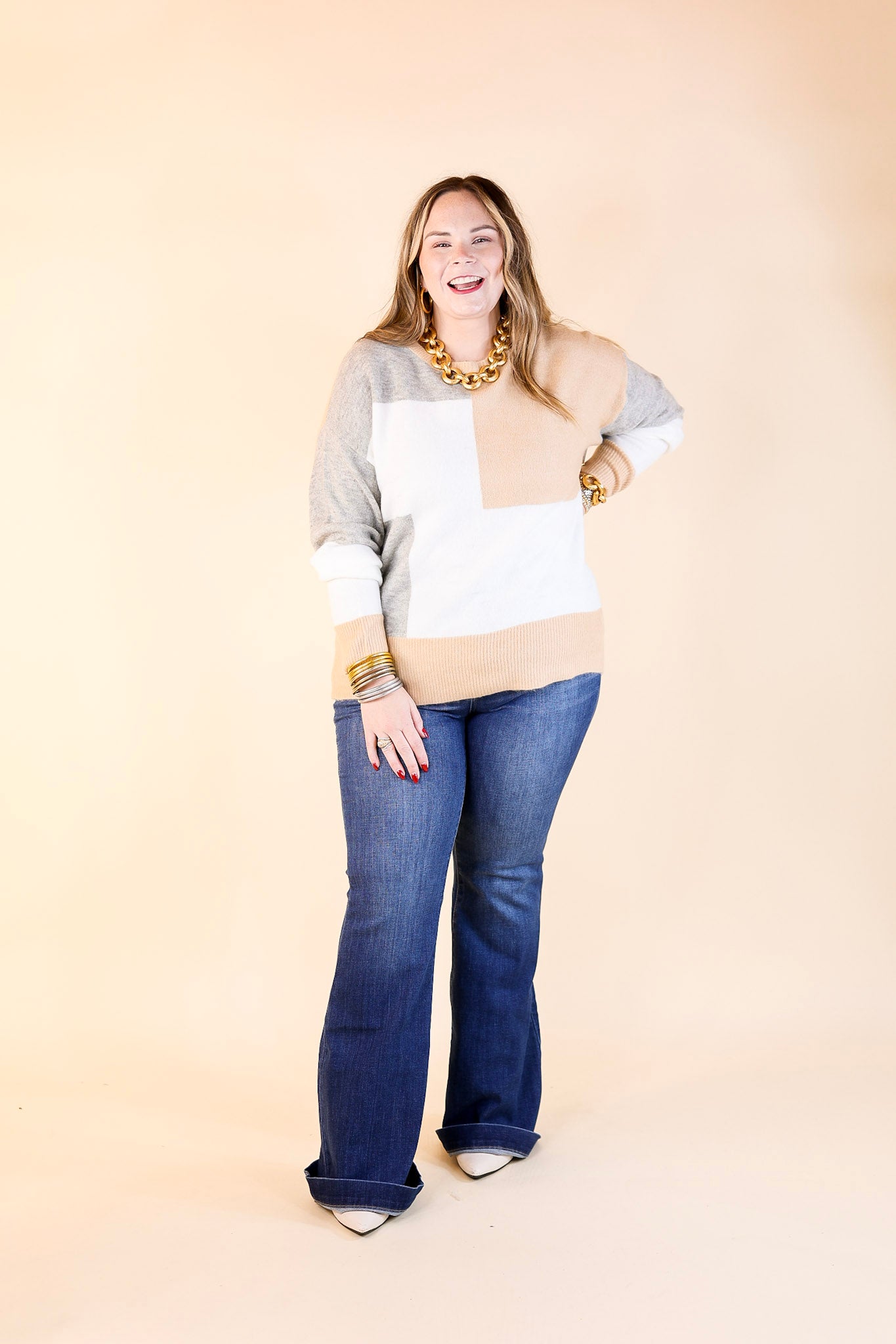 Frozen Lake Color Block Sweater in Ivory, Tan, and Grey