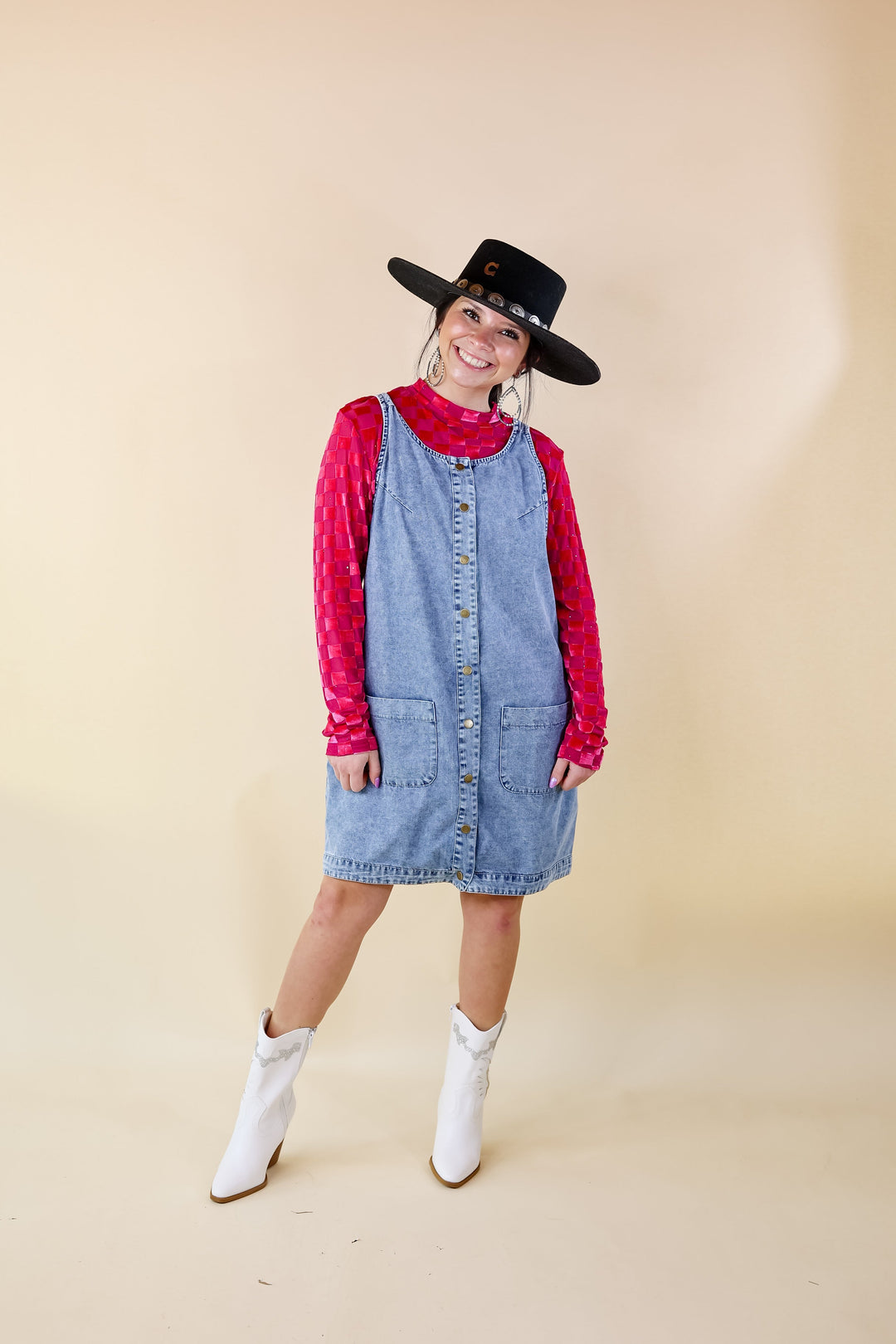 Rodeo Drive Mesh Checkered Print with Glitter Long Sleeve Top in Pink - Giddy Up Glamour Boutique