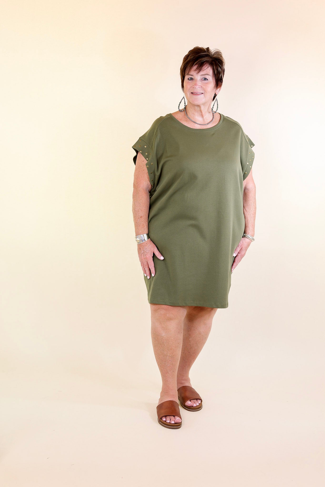 Graceful Glimpse Dress with Gold Stud Detail in Olive Green