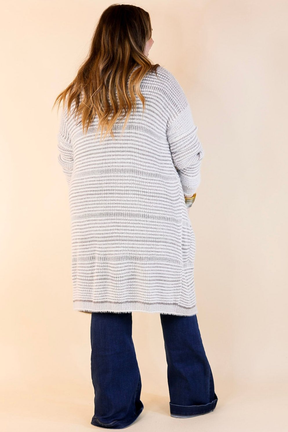 Upstate Chill Striped Knit Cardigan with Pockets in Grey
