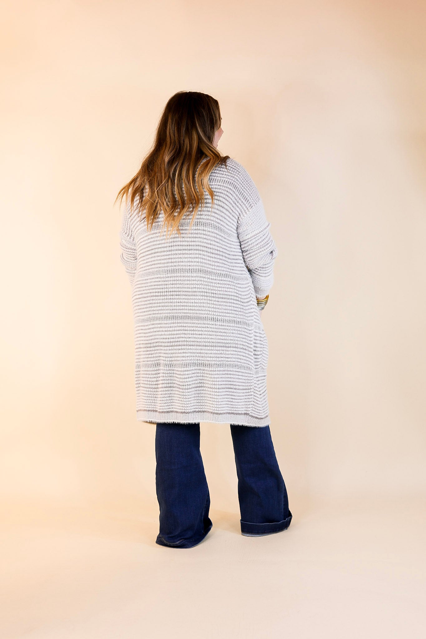 Upstate Chill Striped Knit Cardigan with Pockets in Grey